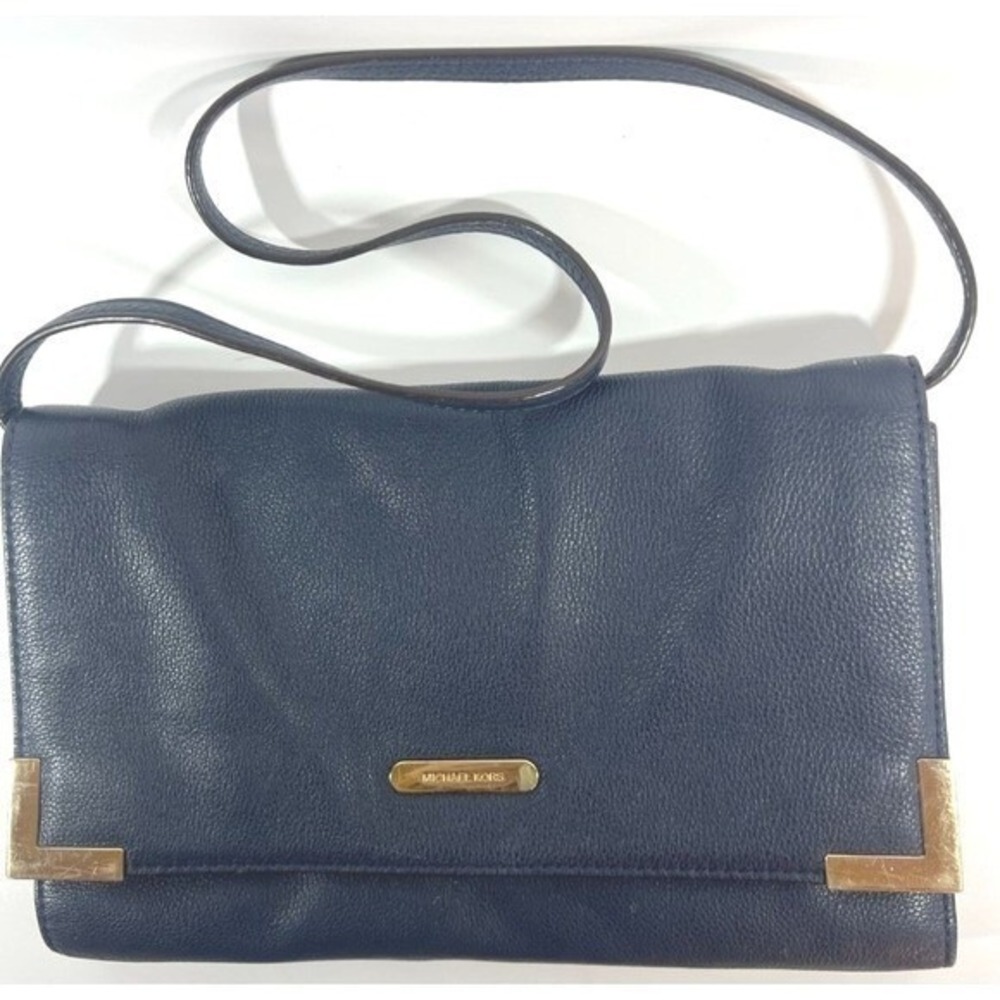 Michael Kors Navy Leather Envelope Purse Clutch‎ Shoulder Bag AJ 1410 Snap Close